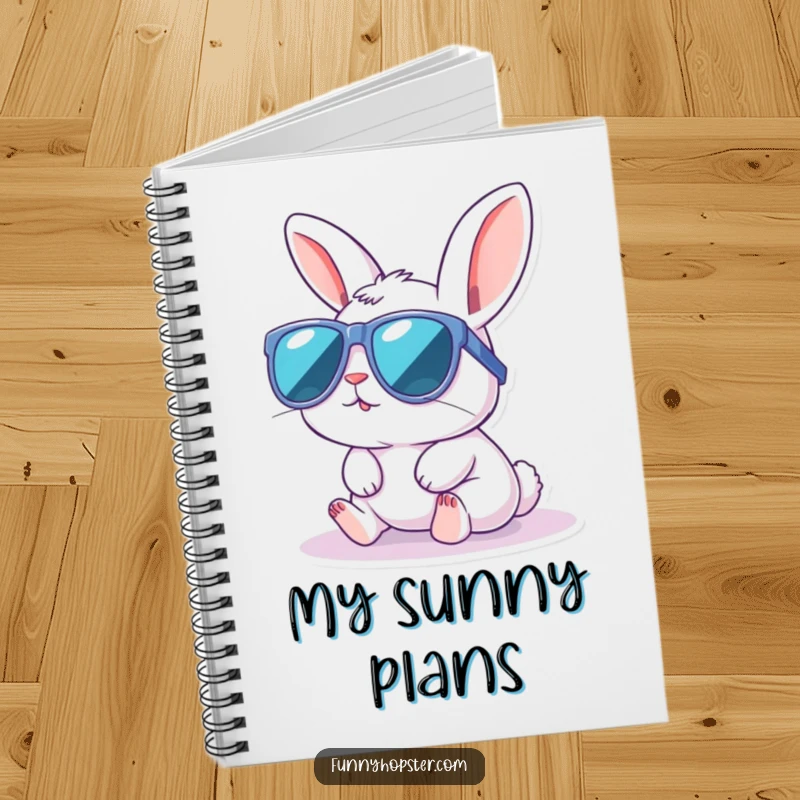 Funny notebook showing a kawaii rabbit in oversized sunglasses enjoying a sunbath, perfect for jotting down cool thoughts.