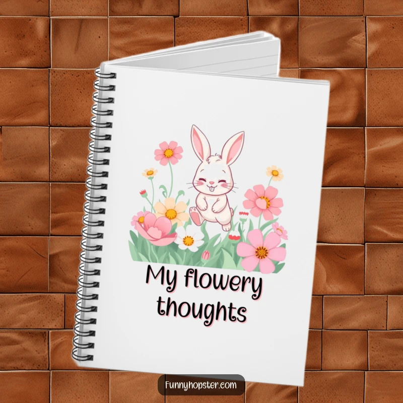 Funny notebook cover with a playful rabbit character and a mischievous grin hopping through oversized flowers, inspiring fun ideas.