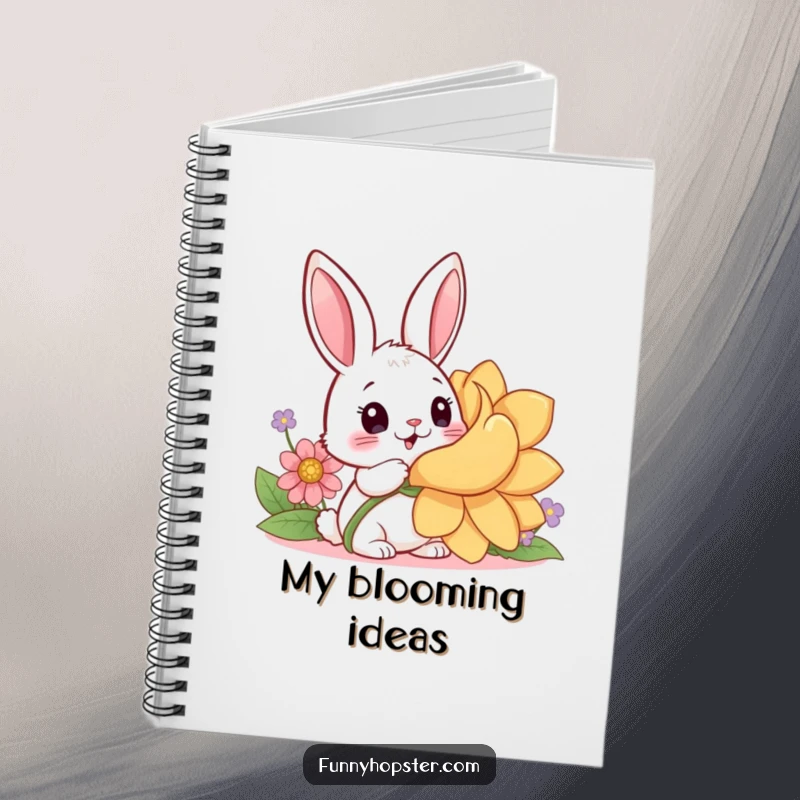 Funny notebook with a surprised kawaii rabbit discovering a giant flower, designed for capturing ideas with whimsical charm.