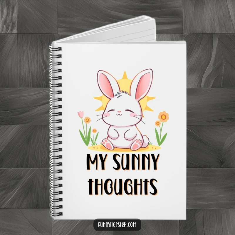 Funny rabbit character basking in the sun, eyes closed in contentment, illustrated on the cover of a notebook.