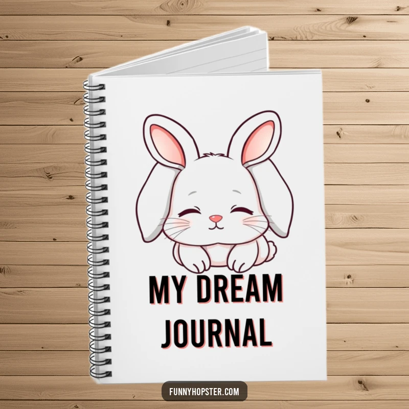 Funny notebook showing a kawaii rabbit with long, sleepy ears, looking content, perfect for jotting down cozy thoughts.