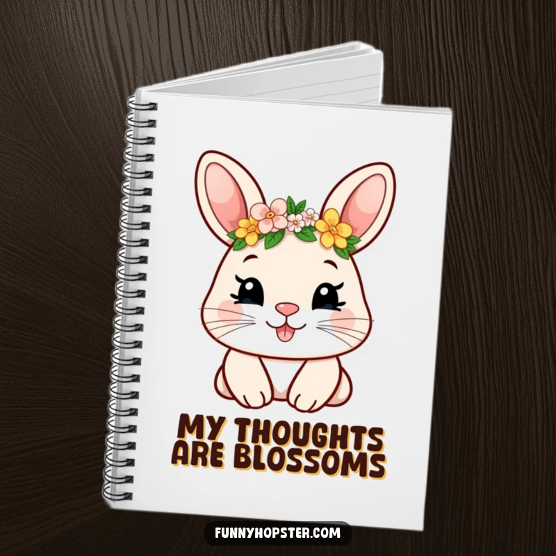 Funny notebook with a smiling rabbit character wearing a tiny flower crown, perfect for jotting down thoughts with a smile.