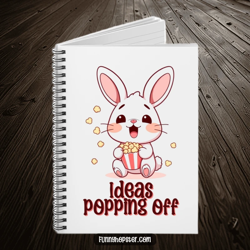 Funny surprised bunny character with popcorn flying, on the cover of a notebook, perfect for a funny gift.