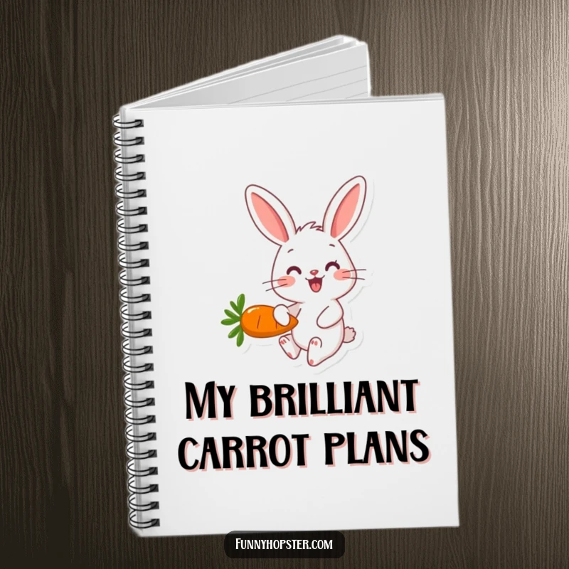 Funny happy rabbit character hopping with a carrot on the cover of a cheerful and inspiring notebook.