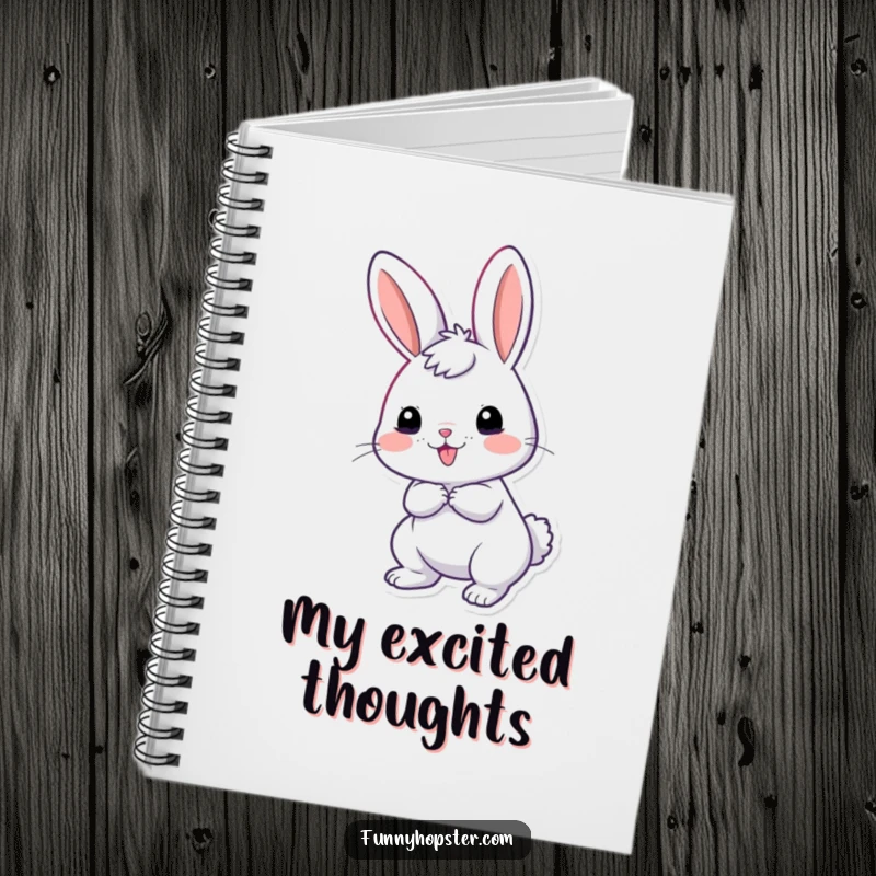 Funny notebook with a giddy rabbit character, tail wiggling excitedly, ideal for jotting down joyful thoughts.