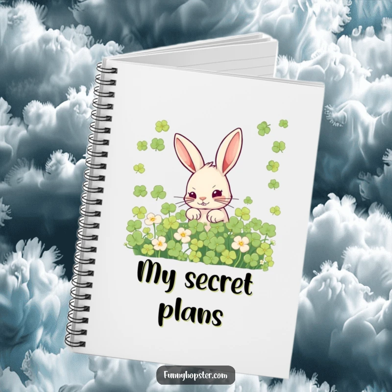 Funny notebook with a mischievous rabbit hiding in clover, ideal for jotting down secrets and plans with humor.