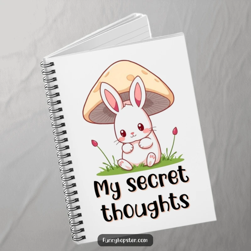 Funny kawaii rabbit notebook with a cute bunny peeking curiously from behind a mushroom, perfect for journaling and sketching.