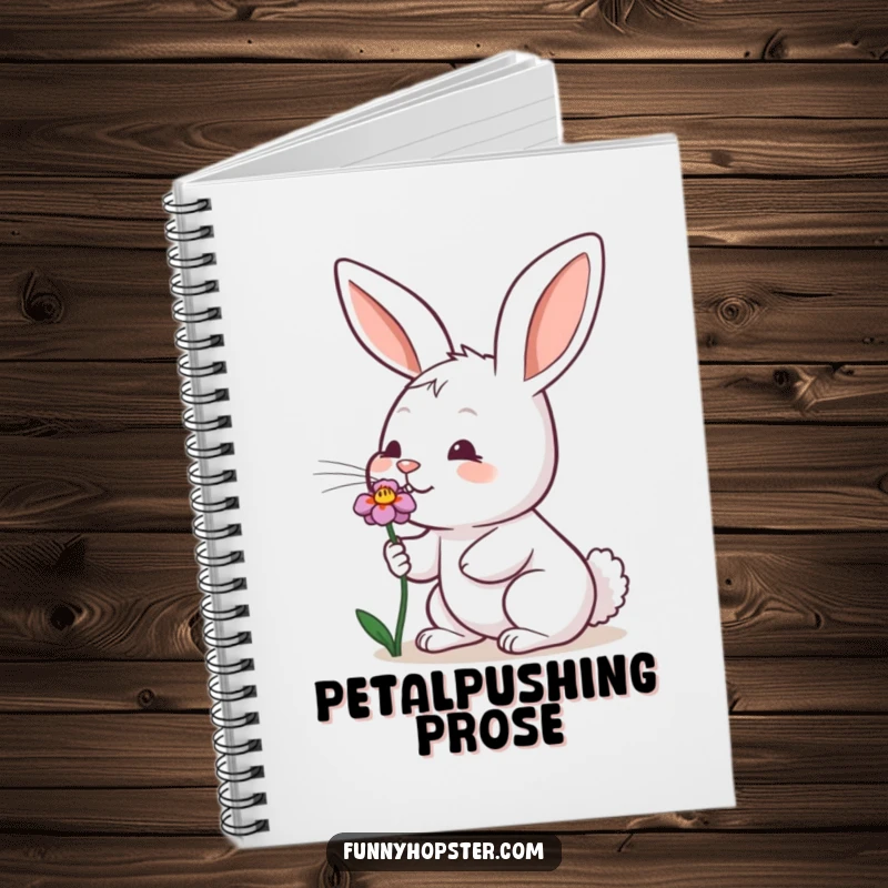 Funny notebook featuring a rabbit enthusiastically wiggling its nose while sniffing a flower, for notes and sketches.