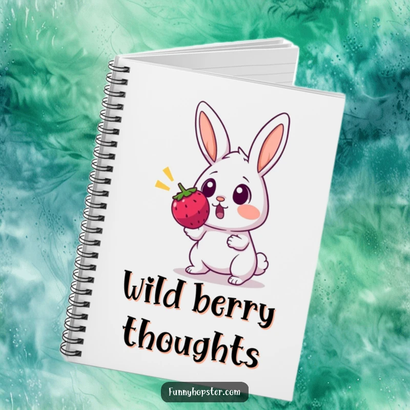Funny notebook with a surprised rabbit, wide eyes, startled by a bouncing berry, for notes and ideas.