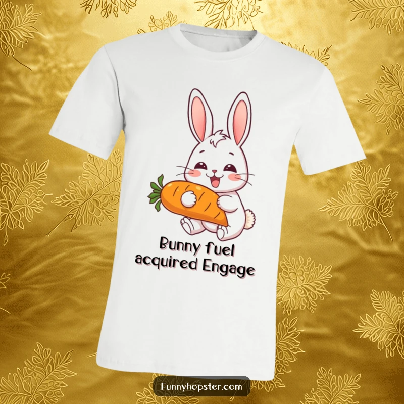 Funny t-shirt with a cheerful rabbit, ears up, delightedly eating a very large carrot, showcasing pure happiness and humor.