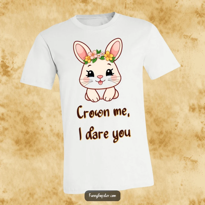 Funny t-shirt featuring a smiling rabbit character wearing a tiny flower crown, radiating pure joy and cuteness.