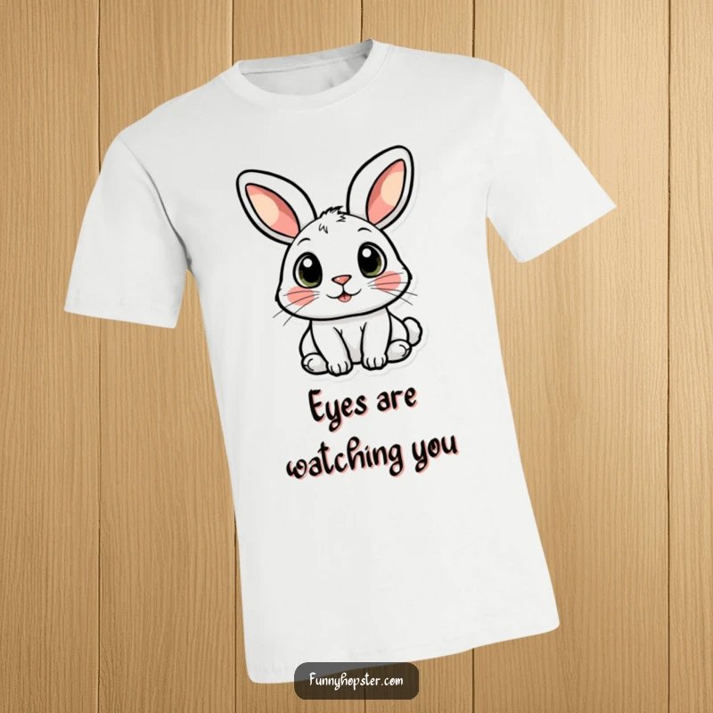 Funny t-shirt featuring a cute rabbit with big, wide, curious eyes, capturing a moment of wonder.