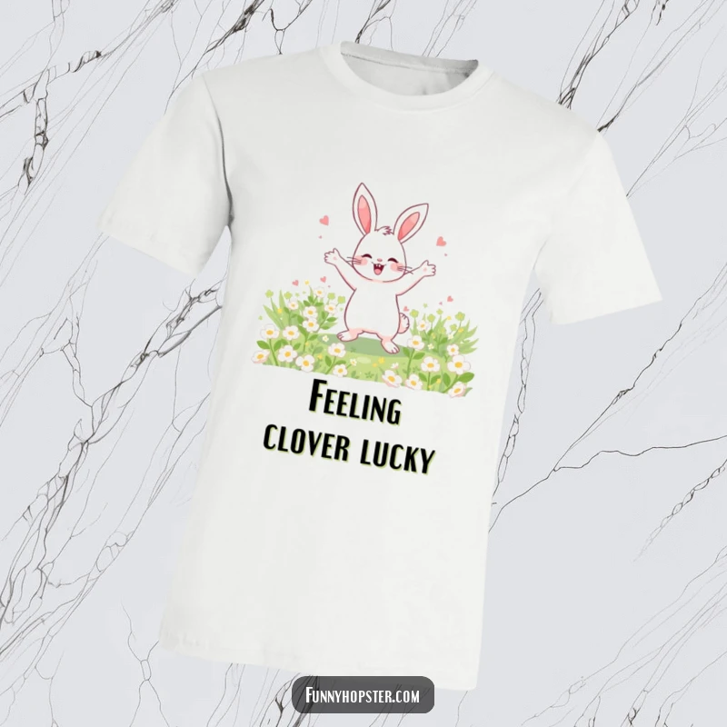 Funny T-Shirt of a happy rabbit doing a celebratory dance in a lush field of green clover, radiating pure joy.