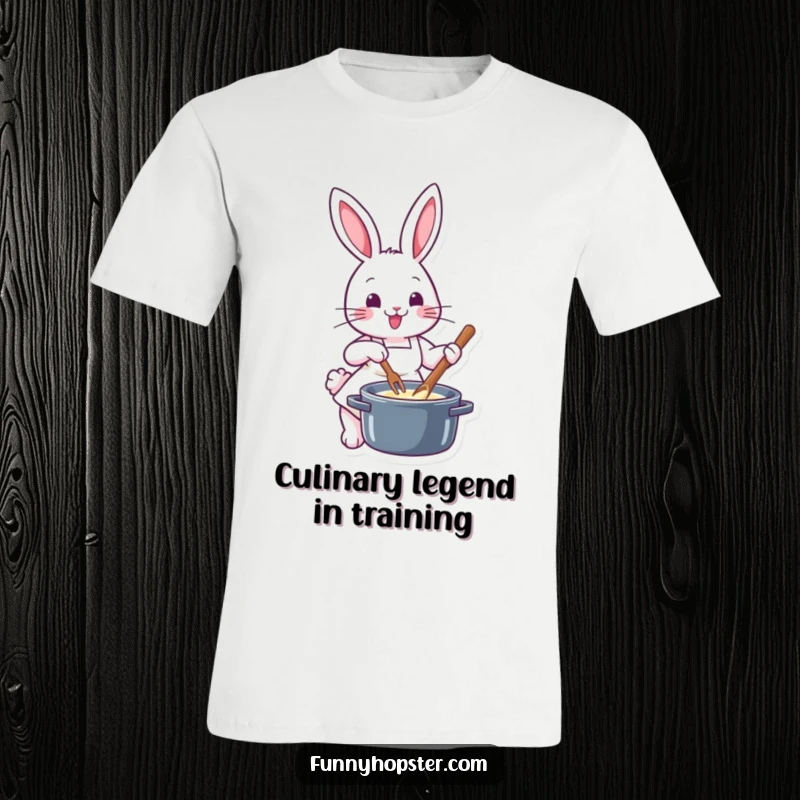 Funny chef rabbit wearing a tiny apron, enthusiastically stirring a pot, depicted on a comfortable t-shirt for food lovers.