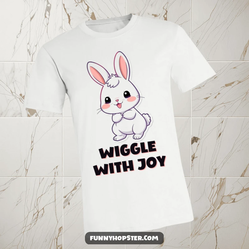 Funny t-shirt depicting a giddy rabbit character with its tail wiggling uncontrollably with excitement and joy.