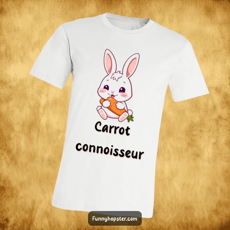 Funny rabbit joyfully nibbling on a big carrot, ideal for a funny t-shirt.