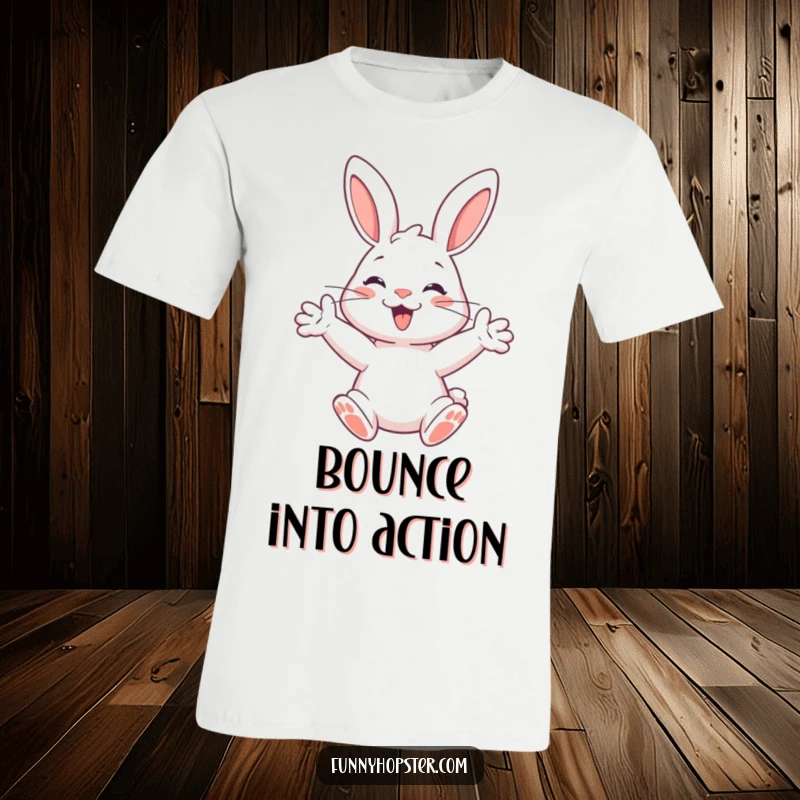 Funny t-shirt depicting a happy rabbit with its paws outstretched, ready to spring forth with boundless energy.