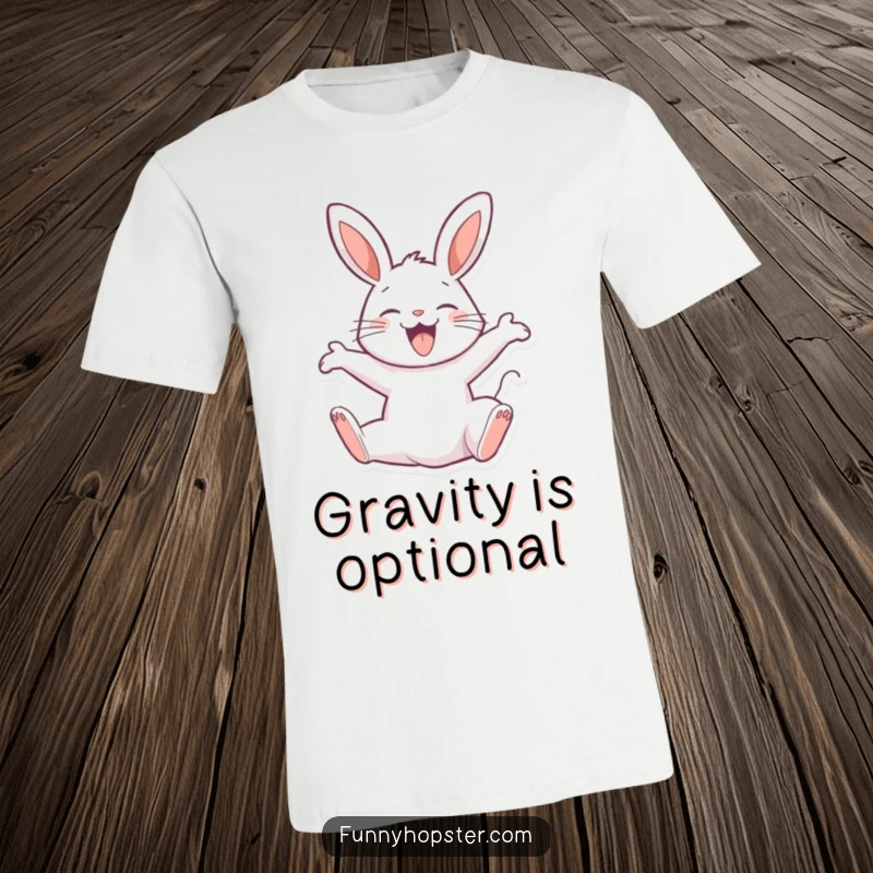 Funny t-shirt depicting a joyful rabbit character executing a perfect happy backflip, radiating infectious enthusiasm.