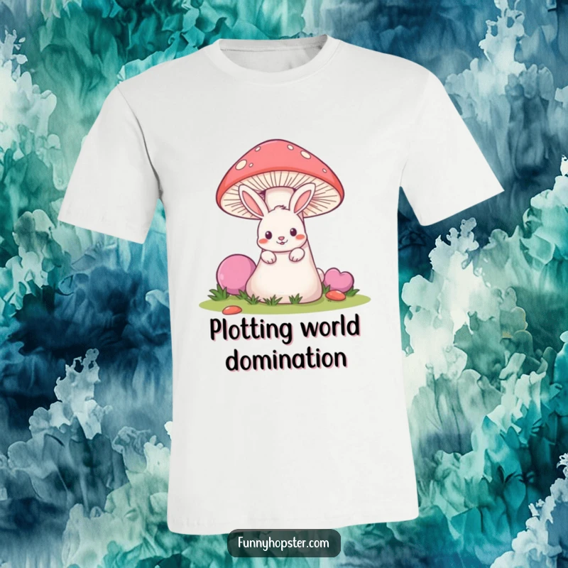 Funny t-shirt design of a mischievous rabbit peeking from behind a large mushroom, embodying playful secrecy.