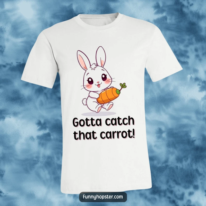 Funny t-shirt showing a playful rabbit character in full pursuit of a bouncing carrot, capturing motion and joy.