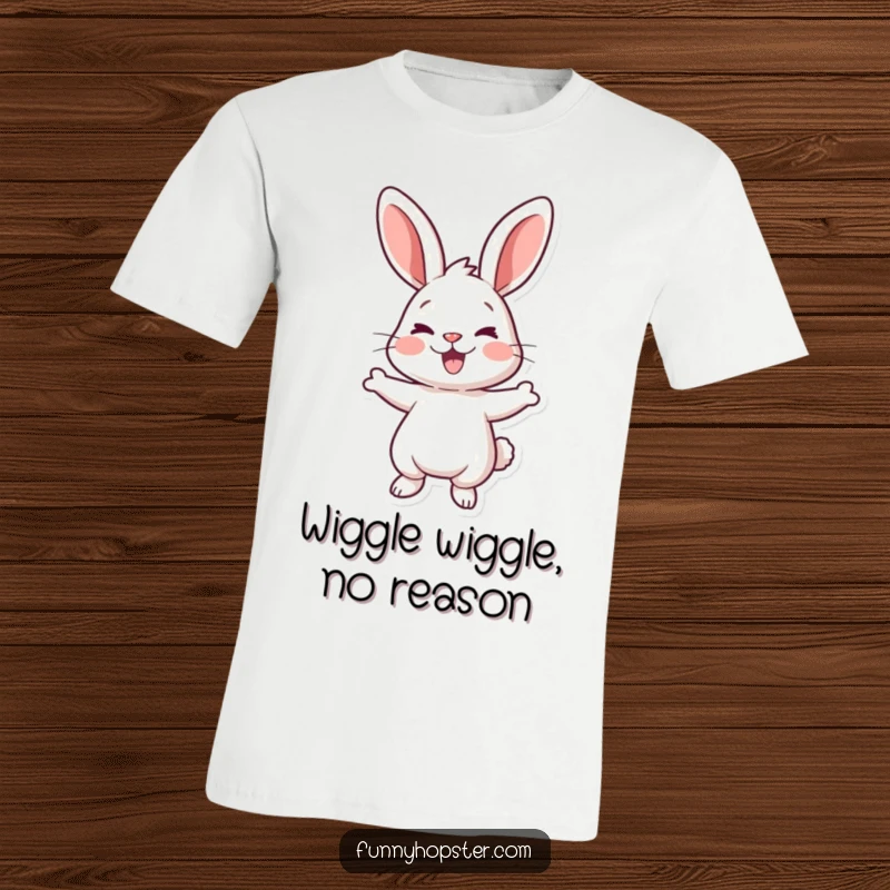 Funny t-shirt with a cartoon rabbit performing a happy, enthusiastic wiggle, symbolizing pure delight and energy.