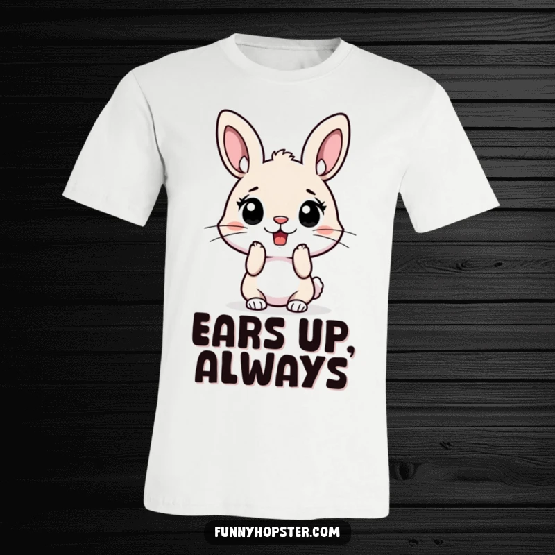 Funny t-shirt showcasing a rabbit with its ears dramatically perked high in surprise, conveying a humorous, shocked emotion.
