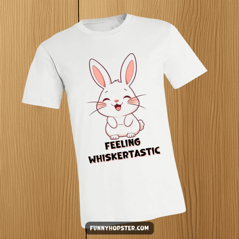 Funny t-shirt featuring a stylized rabbit character with wonderfully exaggerated whiskers wagging with sheer delight and joy.