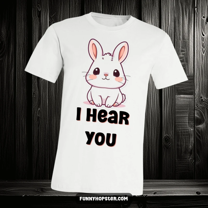 Funny kawaii rabbit t-shirt with a cute bunny with its ears perked up, listening intently with a focused and curious look.