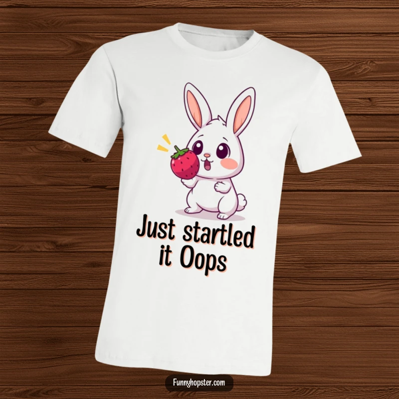 Funny t-shirt design of a rabbit with eyes wide open, looking shocked at a bouncing berry, great for humor.