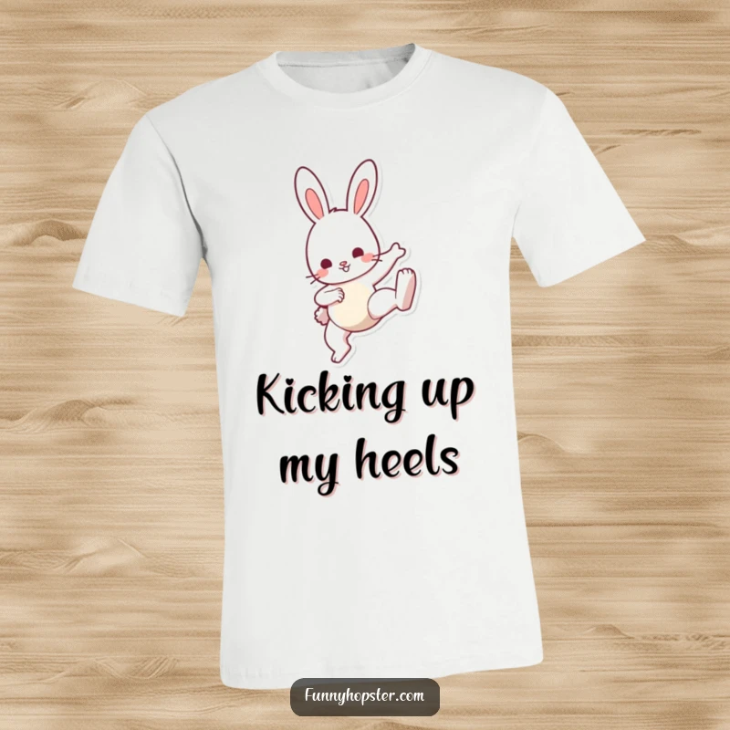 Funny Bunny Kick T-Shirt: A vibrant tee showing a bunny doing a cute kick, full of playful energy, a great funny gift for movers.