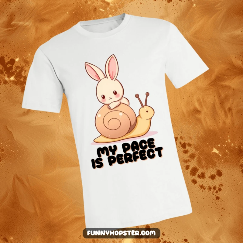 Funny t-shirt depicting a tiny, happy rabbit riding on the back of a friendly, slow-moving snail on an adventure.