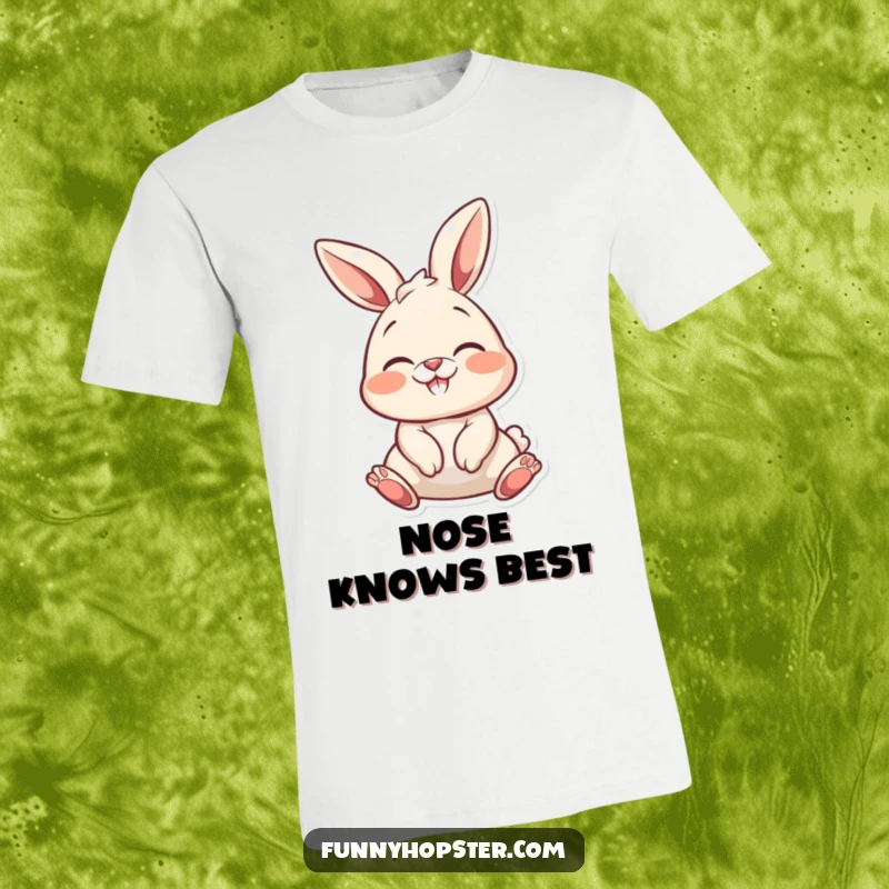 Funny bunny with a nose wiggle expressing pure delight, ideal for a funny t-shirt.