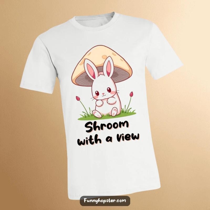 Funny kawaii rabbit t-shirt with a cute bunny peeking curiously from behind a large mushroom, eyes wide with wonder.