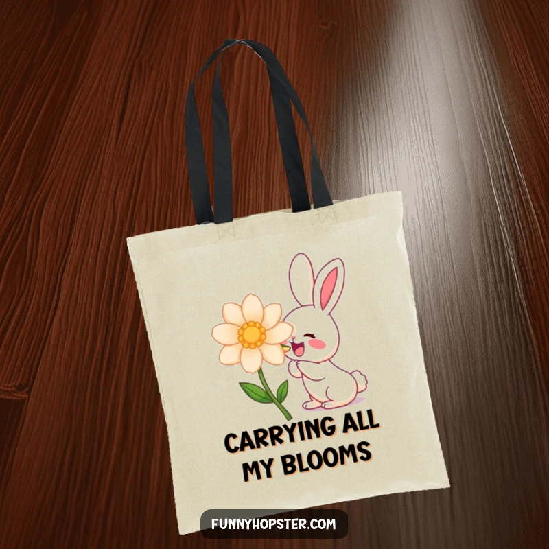 Funny kawaii rabbit character enthusiastically sniffing a massive flower, showcasing pure delight, perfect for a funny tote bag.