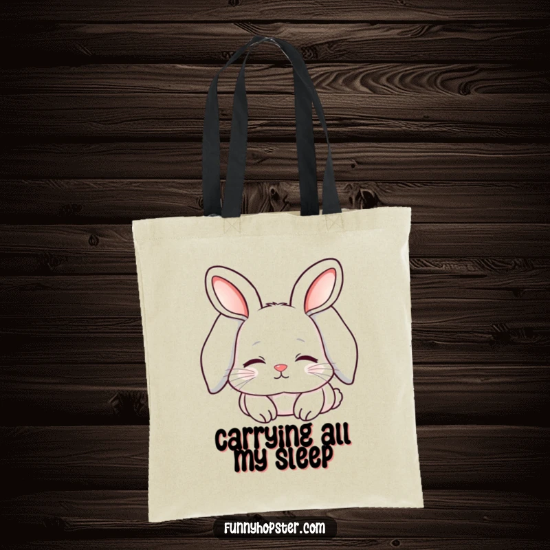 Funny tote bag featuring a kawaii rabbit with long, flopped ears, looking sleepy and content, perfect for carrying relaxation essentials.