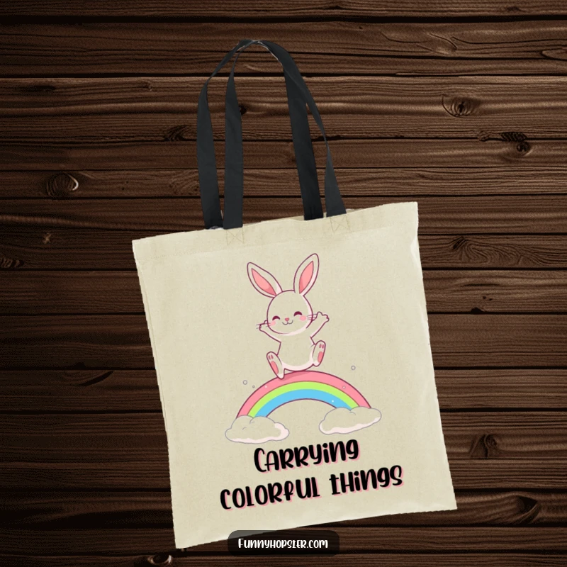 Funny Rabbit Tote Bag: A happy rabbit leaps over a colorful rainbow, ready for adventure and fun.