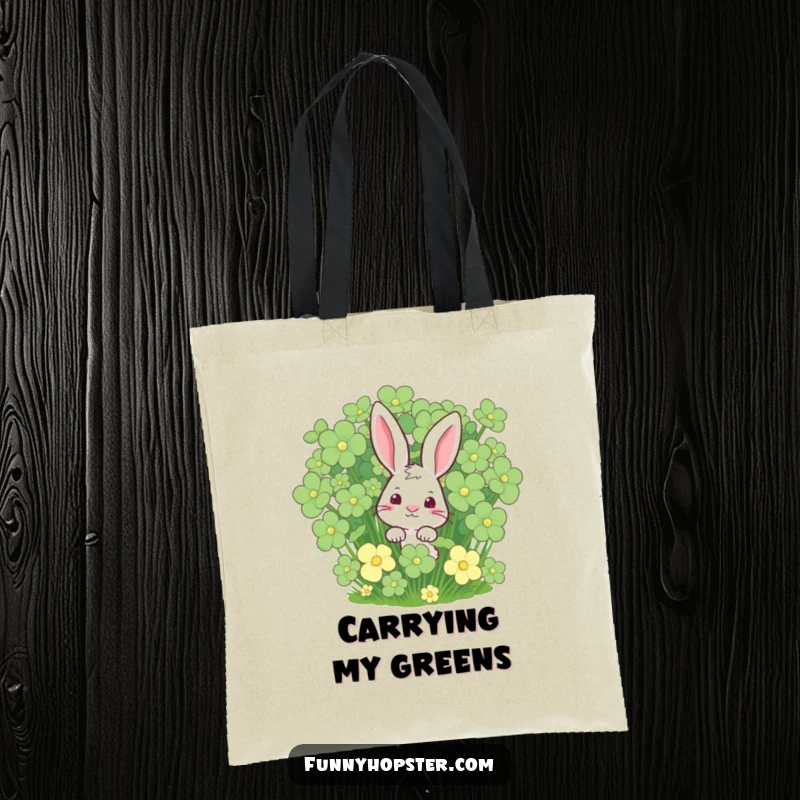 Funny rabbit peeking from a clover patch on a tote bag, perfect for carrying essentials with a touch of luck, a funny gift.