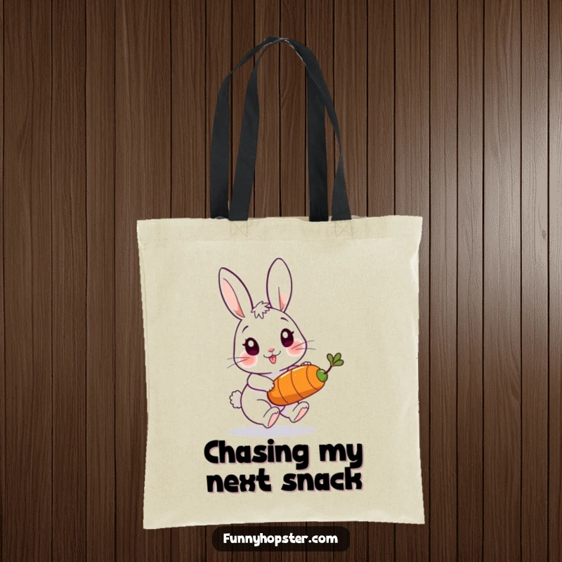 Funny tote bag depicting a playful rabbit character chasing a bouncing carrot, symbolizing pursuit and lively activity.