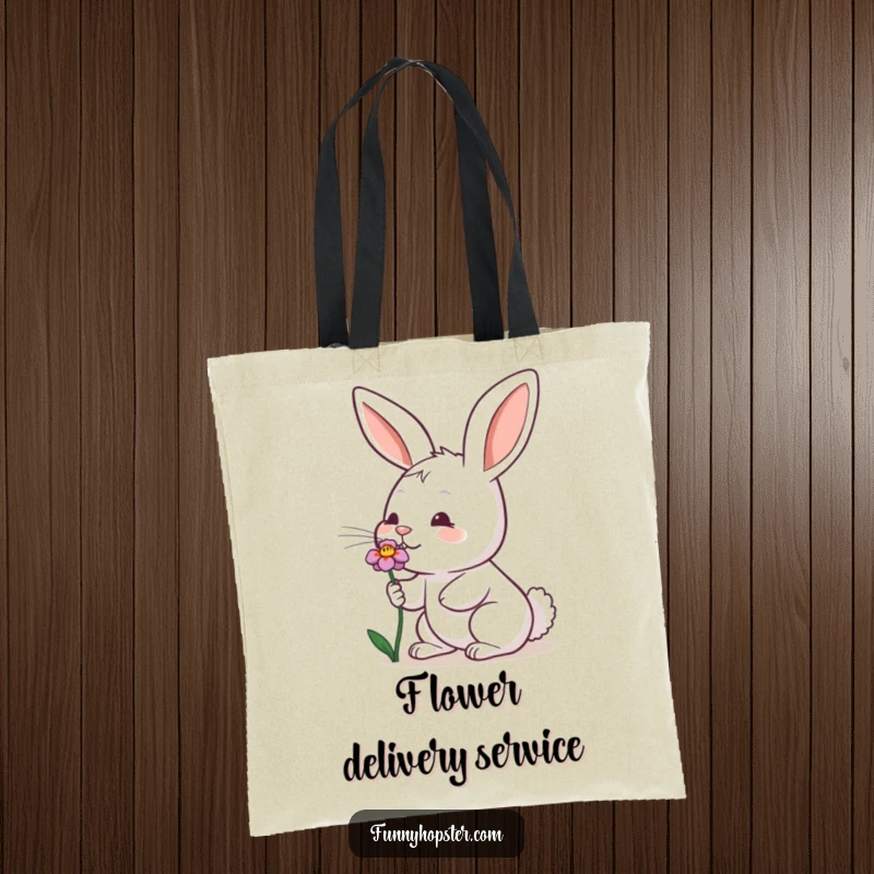 Funny tote bag of a rabbit wiggling its nose with enthusiasm while smelling a vibrant flower, practical and cute.