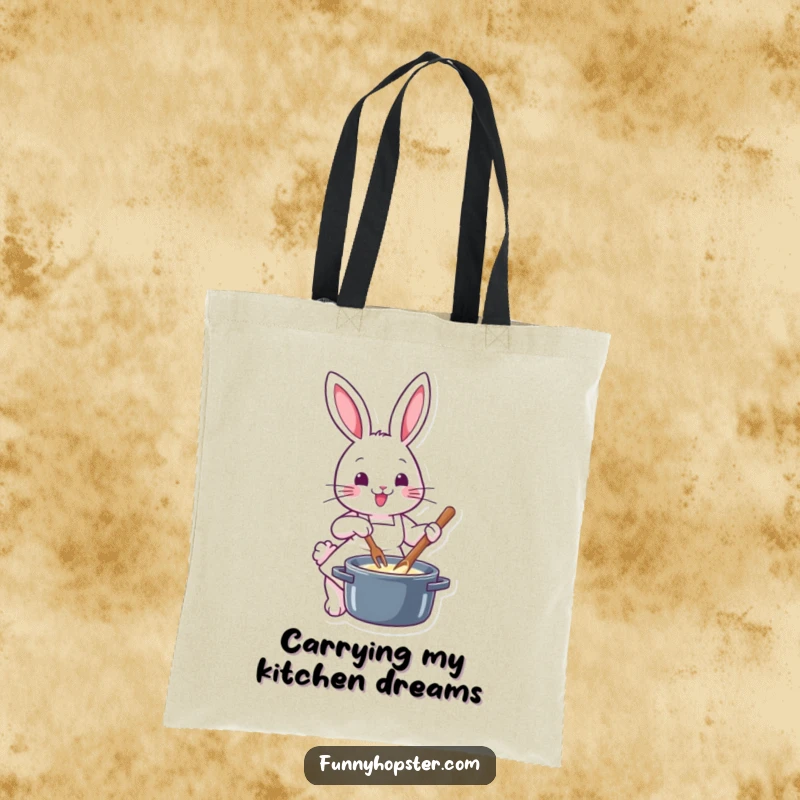 Funny chef rabbit in a tiny apron, joyfully stirring a pot, elegantly designed on a practical tote bag for shopaholics.