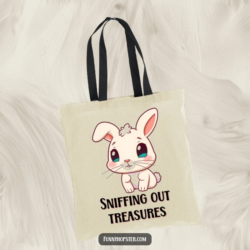 Funny tote bag showing a curious rabbit with its nose twitching, ideal for carrying items while expressing intrigue and humor.