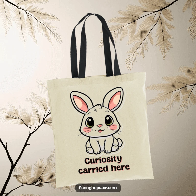 Funny tote bag with a rabbit character whose wide, curious eyes invite exploration and discovery.