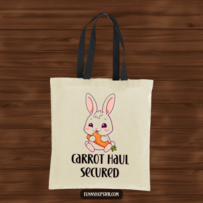 Funny rabbit happily nibbling a large carrot, perfect for a funny tote bag.