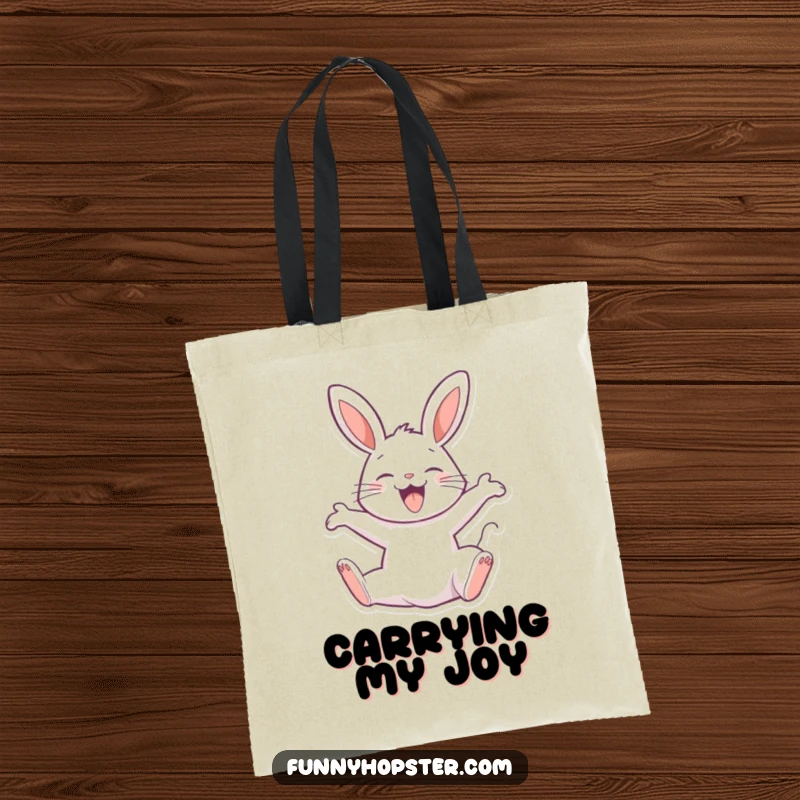 Funny tote bag depicting a joyful rabbit character performing a happy backflip, symbolizing excitement and carefree celebration.