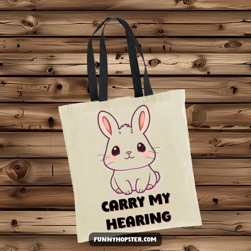 Funny kawaii rabbit tote bag depicting a cute bunny with ears perked up, listening intently, ready to absorb information.