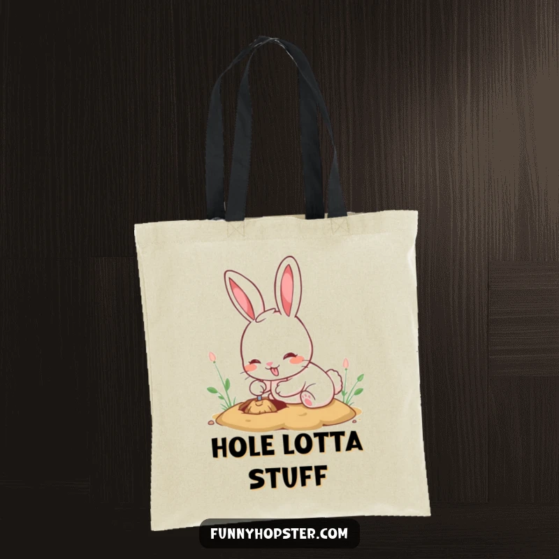 Funny kawaii rabbit tote bag depicting a cute bunny digging with great passion and a wide, excited grin.