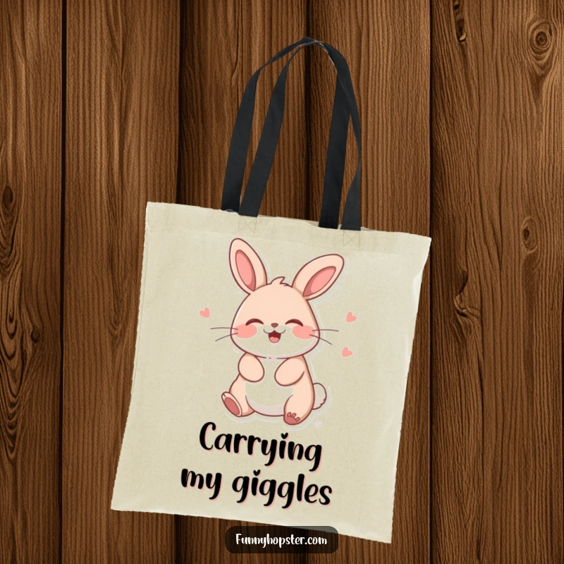 Funny Kawaii Rabbit Tote Bag: Practical bag featuring a giggling bunny doing a silly wiggle, great for shopping trips.