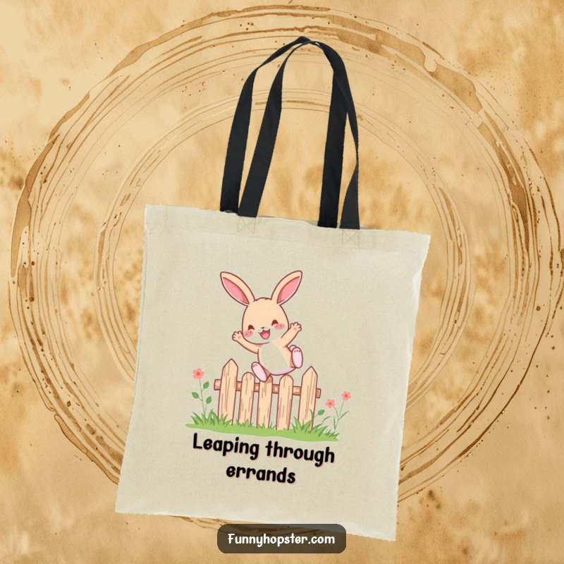Funny rabbit character leaping with pure delight over a small garden fence, elegantly designed on a durable tote bag.