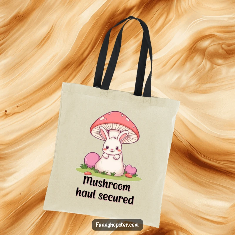 Funny tote bag with a mischievous rabbit peeking from behind a giant mushroom, perfect for carrying goodies.