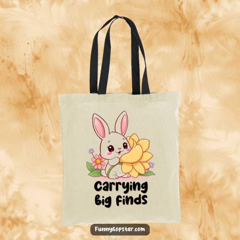 Funny tote bag featuring a surprised kawaii rabbit discovering a giant flower, ideal for carrying items with natural charm.